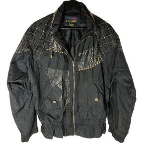 80s Track Jacket Black Gold And Silver, Hip Hop Crinkle Glam Nylon, Medium